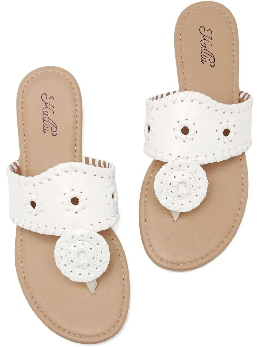 Women's White Flats Wide Band Flip Flops Cushioned Insole Summer Brunch Sandals